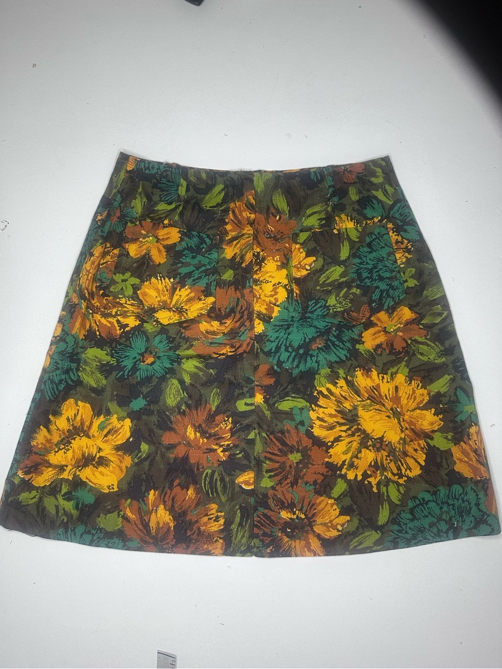 Vintage 1960s/70s Floral Mini Skirt - Retro Green & Mustard Yellow Tapestry xs